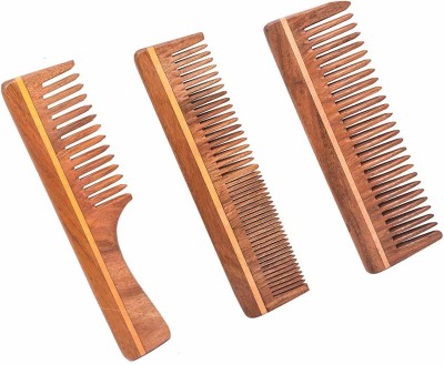 fortive Handmade Natural Pure Healthy Neem Wooden Comb Wide Tooth for Hair Growth,Anti-Dandruff Comb For Women And Men (Mix Set Pack of 3) SIZE 7inch