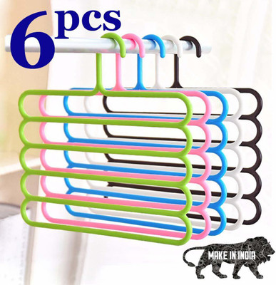 kepptal 6 Pieces Multi-Purpose 5 Layer Pants Clothes Hanger Wardrobe Storage Organizer Plastic Hangers Steel Shirt Pack of 6 Hangers For  Shirt(Multicolor)