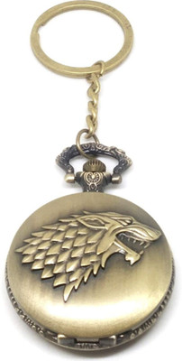 TheKeyHouse Antique Vintage Game of Thrones GOT House Stark Winter is Coming Dire Wolf Head Theme Pocket Watch Key Chain with Key Ring Key Chain