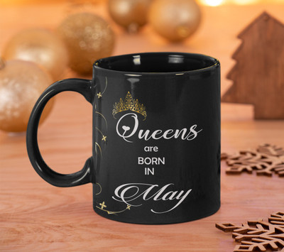 BlueBells Gifting queens are born in May Printed on Black Ceramic for gift birthday Ceramic Coffee Mug(325 ml)