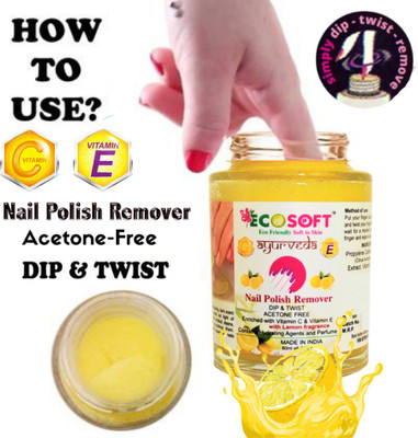 ECOSOFT AYURVEDA Ultimate Premium Dip & Twist Instant Nail Polish Remover Nail Polish Remover - Acetone Free, Enriched with Vitamin C or Vitamin E with Lemon Fragrance.Contains Hydrating Agents & Perfume.(80 ml)