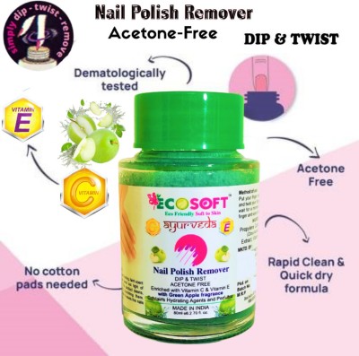 ECOSOFT AYURVEDA Premium Instant Nail Polish Remover! Dip & Twist! - Acetone Free, Enriched with Vitamin C or Vitamin E with Green Apple Fragrance. Contains Hydrating Agents & Perfume.(80 ml)