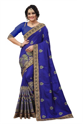 RamKrupa Creation Embroidered Bollywood Silk Blend Saree(Blue)