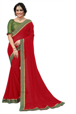 RamKrupa Creation Solid/Plain Bollywood Georgette Saree(Red)