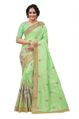 QEXTY Embroidered Bollywood Silk Blend Saree(Light Green)