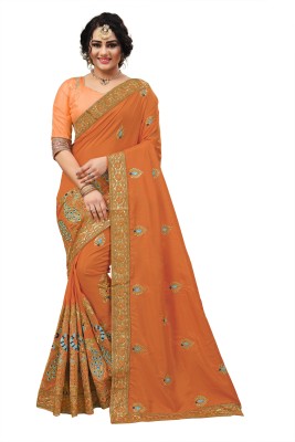 niklu fashion Embroidered Bollywood Silk Blend Saree(Orange)