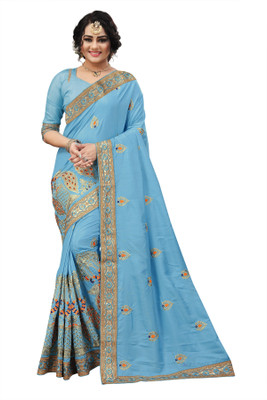 RamKrupa Creation Embroidered Bollywood Silk Blend Saree(Light Blue)