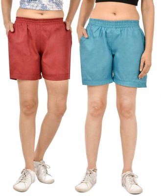 FABISHO Solid Women Maroon, Blue Regular Shorts