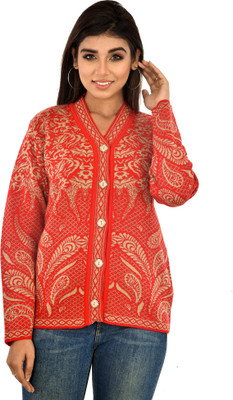 BAISA Paisley V Neck Casual Women Red Sweater