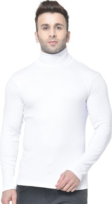 CHKOKKO Solid Men Turtle Neck White T-Shirt