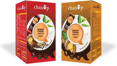 chaizup Instant Masala & Ginger Premix Tea - Pack of 2 X 10 Sachets of Karak Ready to Drink Chai with Low Sugar, hot instant tea anytime anywhere. Easy to Make Tea. Authentic India Tea. Tea with Aroma Instant Tea Box(2 x 140 g)