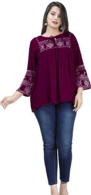 MRR BRTHERS Casual 3/4 Sleeve Embroidered Women Maroon Top