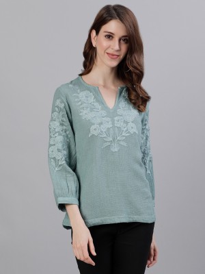 Ishin Casual Embroidered Women Green Top