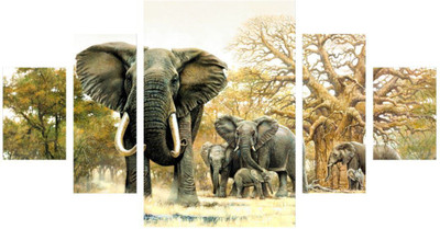 Gprint Beautiful Elephant Familyl View Self Adhesive Wall 5 Panel Painting Pack of 5(Grey)
