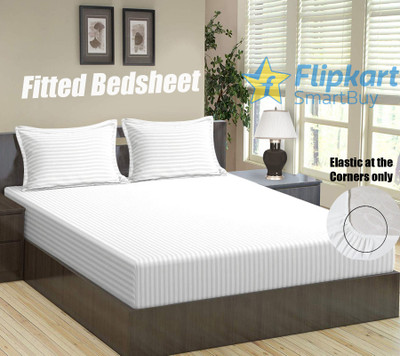 Flipkart SmartBuy 144 TC Microfiber Double Striped Fitted (Elastic) Bedsheet(Pack of 1, White)