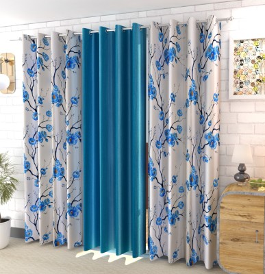 kiara Creations 274 cm (9 ft) Polyester Semi Transparent Long Door Curtain (Pack Of 3)(Floral, Aqua)