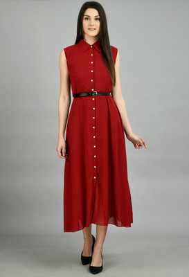AAYU Women A-line Maroon Midi/Calf Length Dress
