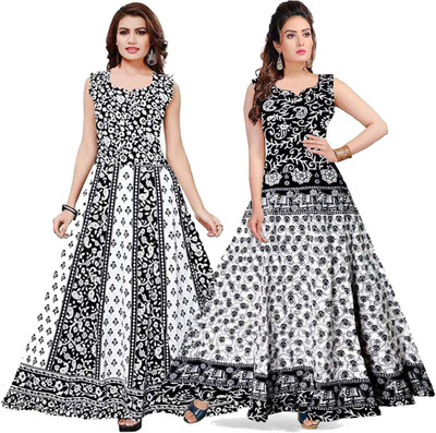 Kuber taxtile Anarkali Gown(Black, White)