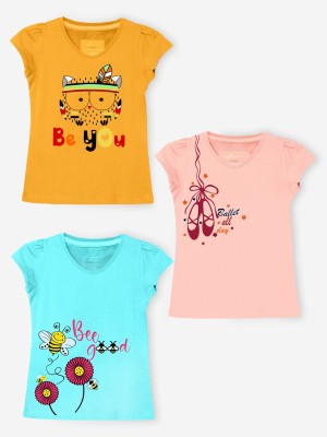 naughty ninos Baby Girls Graphic Print Cotton Blend Regular T Shirt(Multicolor, Pack of 3)