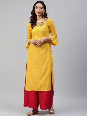 Highlight fashion export Women Solid Straight Kurta(Yellow)