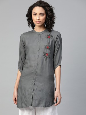 Highlight fashion export Women Solid Straight Kurta(Grey)