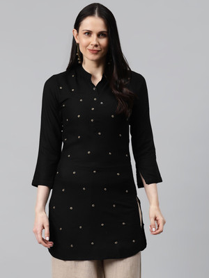 JC4U Women Printed Straight Kurta(Black)