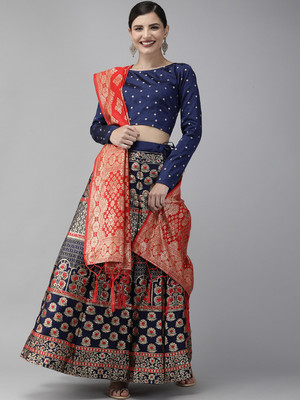 Divastri Printed Semi Stitched Lehenga Choli(Red, Dark Blue, Gold)