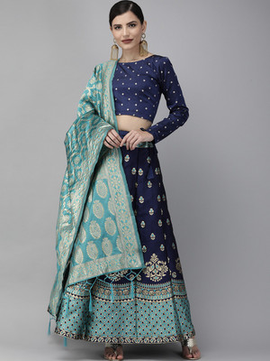 Divastri Self Design Semi Stitched Lehenga Choli(Light Green, Dark Blue)