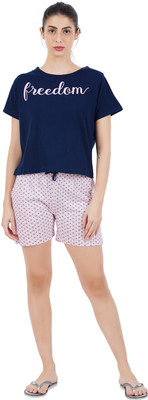 Sevnix Women Printed Dark Blue Top & Shorts Set