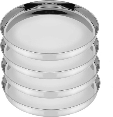 Sager Stainless Steel Heavy Gauge Khumcha/Khomcha/Kumcha/Lunch and Dinner Plates/Thali with Mirror Finish, Curved deep Wall Design 29 cm Dia Dinner Plate(Pack of 4)