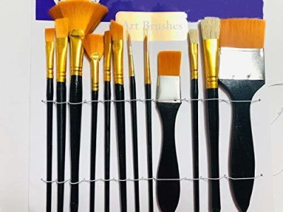 Z-Plus Mix Paint Brushes Set of 12 Pcs Synthetic and Hog Hair Brushes Set Including Fan, Flat, Round, Angular and Chapta Brushes for Oil, Acrylic, Gouache, Water Color face Painting Art and Craft, Hobby, Scrapbooking(Set of 12, Black Handle)