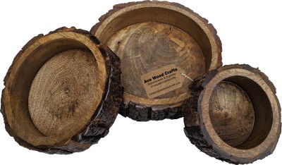ACE WOOD CRAFTS Hand Carved Wood handcrafts Beautiful Table Decor Round Shape Wooden Serving Tray Set of 3 /Platter for Home and Kitchen Pakka Wood Bowl Set Tray(Pack of 3)