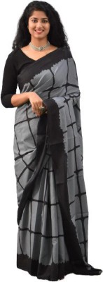 NIKHILAM Color Block, Blocked Printed, Checkered Ikkat Pure Cotton Saree(Grey)