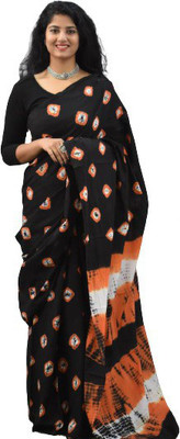 NIKHILAM Printed Bandhani Pure Cotton Saree(Black)