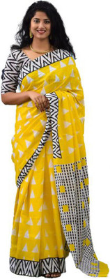 NIKHILAM Printed, Temple Border, Blocked Printed, Dyed Bollywood Pure Cotton Saree(Yellow)