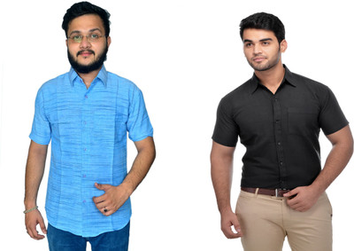 DESHBANDHU DBK Men Striped Casual Blue, Black Shirt(Pack of 2)