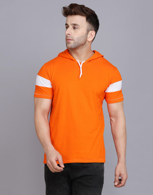 SLOWLORIS Solid Men Hooded Neck White, Orange T-Shirt