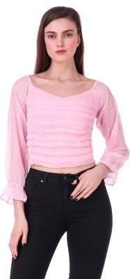 people's choice Casual 3/4 Sleeve Self Design Women Pink Top
