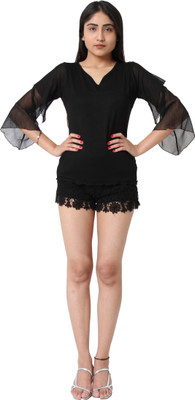 TSM Casual 3/4 Sleeve Solid Women Black Top