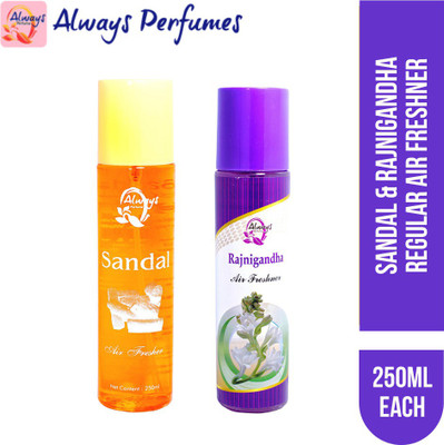 Always Sandal Spray Sandal & Rajnigandha Regular Air Freshner 250ML Each (Pack of 2)(2 x 250 ml)
