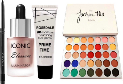 Crynn Smudge Proof Waterproof a Kajal & Studio Professional Iconic Blossom Illuminator Highlighter & Illuminating Pearl Mist Primer & Jaclyn Hill Signature Glazed Eyeshadow Palette(4 Items in the set)
