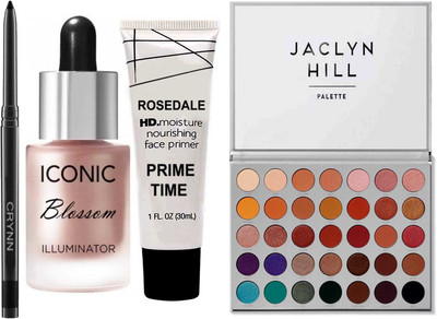 Crynn Smudge Proof Waterproof a Kajal & Studio Professional Iconic Blossom Illuminator Highlighter & Illuminating Pearl Mist Primer & Jaclyn Hill Glazed Eyeshadow Palette(4 Items in the set)