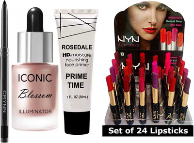 Crynn Smudge Proof Waterproof a Kajal & Studio Professional Iconic Blossom Illuminator Highlighter & Illuminating Pearl Mist Primer & NYN 24 Moisturising Matte Lipsticks(27 Items in the set) Crynn Smudge Proof Waterproof a Kajal & Studio Professional Iconic Blossom Illuminator Highlighter & Illuminating Pearl Mist Primer & NYN 24 Moisturising Matte Lipsticks(27 Items in the set)
