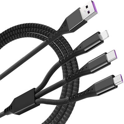 amblic Power Sharing Cable 1.2 m Premium 3 IN 1 Multi Pin Fast Charging Cable with Type-C/Micro USB/i-OS Connectors Nylon Braided 1.2 Power Sharing 3.0 Ampere Fast Charging Cable Compatible with All Smartphones(Compatible with ALL Smartphone, Pink, One Cable)
