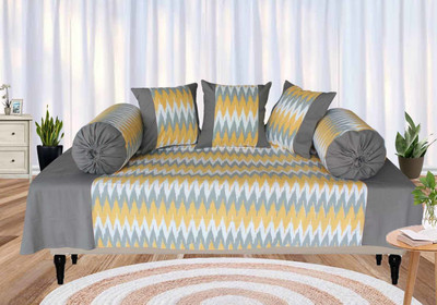 Dekor World Cotton Abstract Diwan Set(Yellow, Grey)