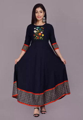 SOMYA GEMS Women Printed Anarkali Kurta(Dark Blue)
