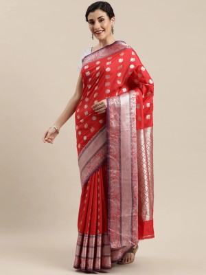 Kawmaps Woven Kanjivaram Poly Silk Saree(Red)