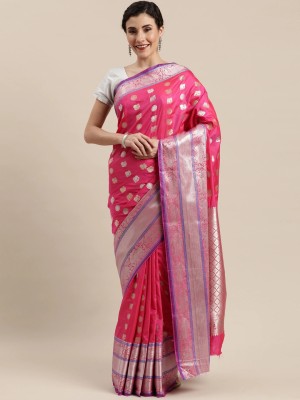 Kawmaps Woven Kanjivaram Poly Silk Saree(Pink)