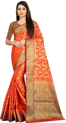 Matangi Exporter Woven Banarasi Silk Blend Saree(Orange)