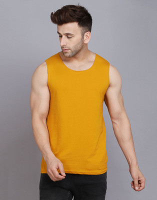 SLOWLORIS Solid Men Round Neck Yellow T-Shirt